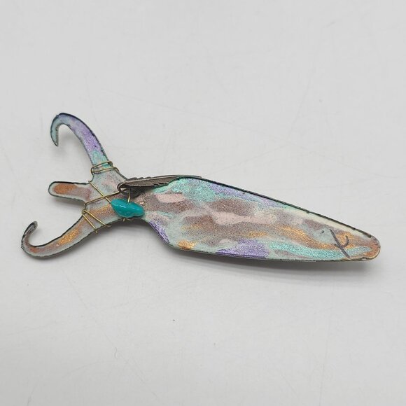 Southwest Turquoise Feather Brooch Pin With Multicolor Abstract Design - Picture 2 of 4